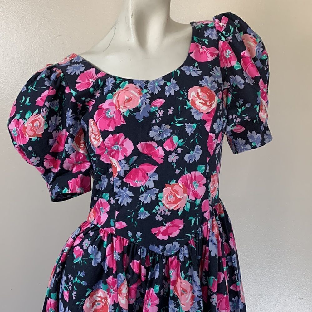 Laura Ashley Floral Midi Dress Puff Sleeves bow & Open plunging Back sz 10 prom - Picture 4 of 16